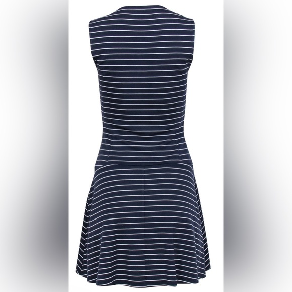 Theory Sleeveless Navy/White Stripe Drop Waist A-line Dress w Front Exposed Zip - Picture 4 of 8